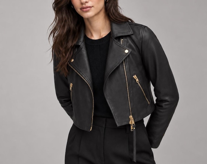 Featured listing image: Women’s Cropped Slim-Fit Biker Jacket, Real Lambskin Leather Moto Jacket with Gold-Tone Zips, Multiple Colours