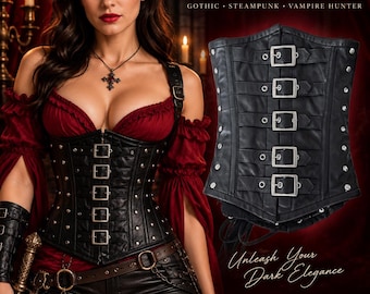 Real Leather Underbust Corset – Steel Boned 5 Buckle Waist Cincher, Gothic Steampunk Vampire Hunter Corset