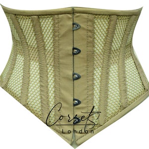 May include: A beige corset with a mesh panel design and black metal hooks. The corset has a pointed bottom and the text "Corset London" is printed on the front.