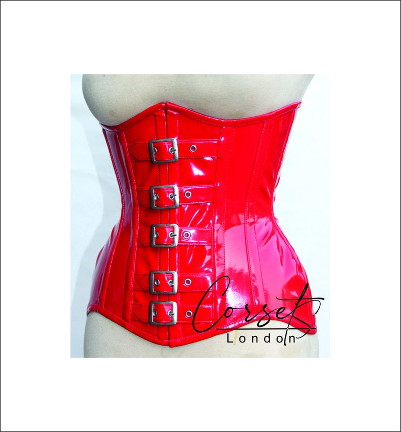 Red PVC Steampunk full Steel Boned Under bust Corset, 5 buckles and straps, waist Trainer, body shaper, available in a range of colours image 2