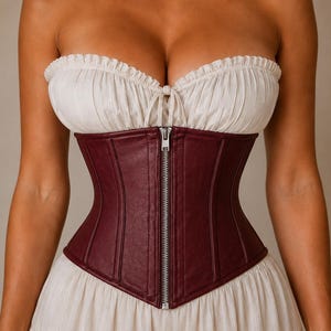 Op de afbeelding: Een donkerbordeauxrood korset van imitatieleer met een verticale zilverkleurige metalen ritssluiting aan de voorzijde, gedragen over een cr&egrave;mekleurig strapless kledingstuk met een geplooide halslijn en een fijn strikdetail op de borst.