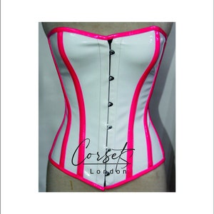 Overbust Corset white pvc Pink Contrasts, waist Trainer, body shaper available in a range of colours