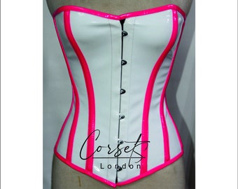 Corset overbust pvc blanc, contrastes roses, taille basse, gaine gainante disponible dans une gamme de couleurs