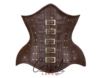 Leather Steel Boned Corset: Steampunk Buckle Studded Waist Trainer