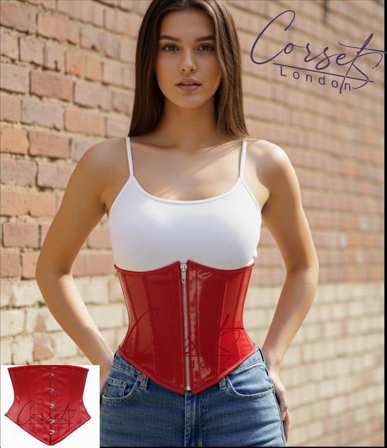 PVC onderborst korset tailletrainer – staal uitgebeend, glanzend of mat, busk of ritssluiting, meerdere kleuren Red Shiny