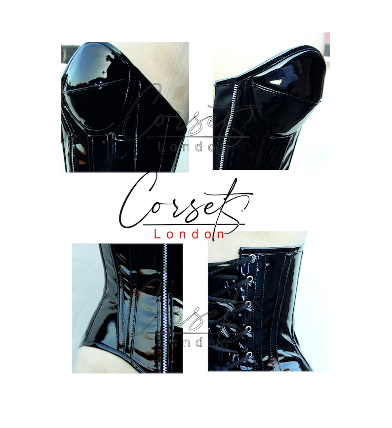 May include: Black patent leather corset with a zip up the front and a lace-up back. The corset has boning and a structured cup.