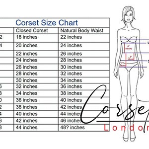 May include: A corset size chart with measurements in inches for different sizes, from 3XS to 8XL. The chart shows the closed corset size and the natural body waist size. A line drawing of a woman is shown with measurements for bust, under bust, waist, small hip, and low hip.