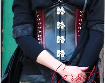 Leather Underbust Corset: Gothic Steampunk Waist Trainer – Maroon & Black, Steel Busk, Zipper, Closer Front