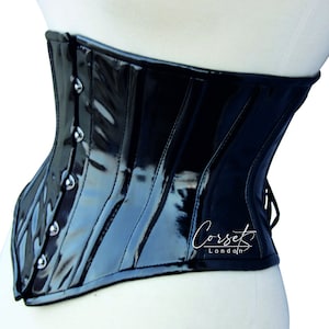 Black pvc Underbust Corset in shiny artificial leather, Perfect for waist Training &  as a body shaper, available in a range of colours