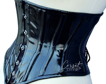 Black pvc Underbust Corset in shiny artificial leather, Perfect for waist Training &  as a body shaper, available in a range of colours