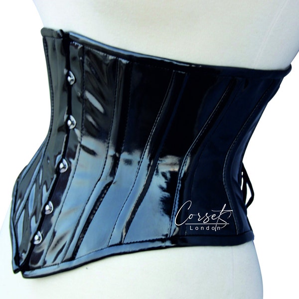 Black pvc Underbust Corset in shiny artificial leather, Perfect for waist Training &  as a body shaper, available in a range of colours