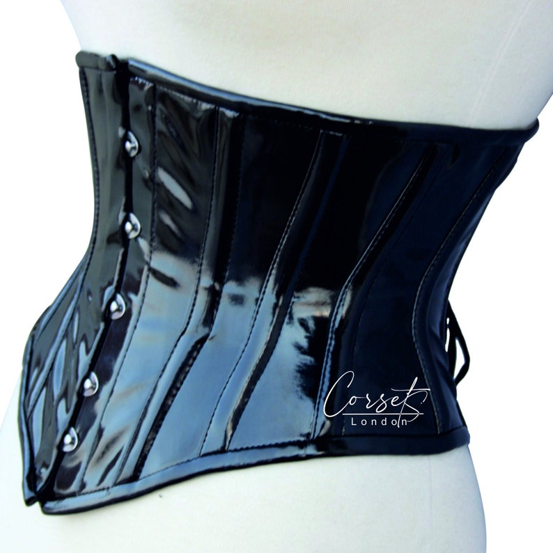 Corset sous la poitrine en pvc noir en cuir artificiel brillant, parfait pour l'entraînement de la taille et pour remodeler la silhouette, disponible dans une gamme de couleurs image 1