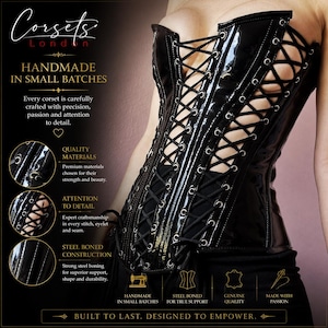 A black patent leather corset featuring a glossy finish, silver-toned metal eyelets, and black lace-up detailing along the front and sides.