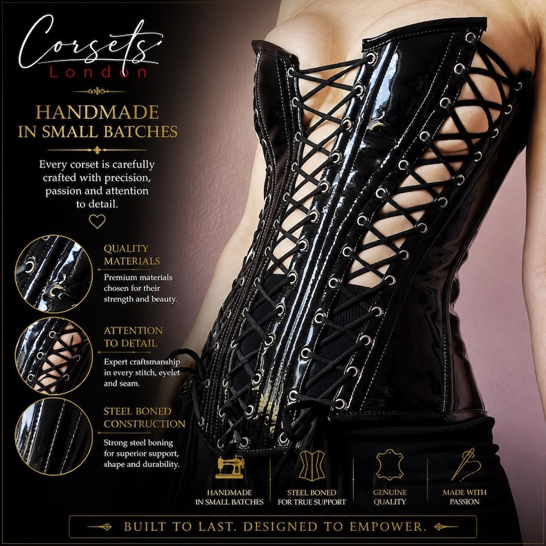 A black patent leather corset featuring a glossy finish, silver-toned metal eyelets, and black lace-up detailing along the front and sides.