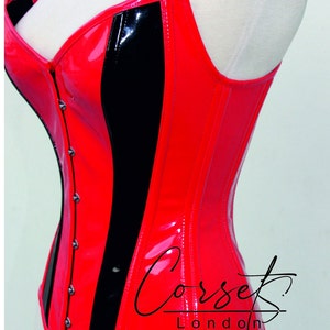 Red & Black PVC Steel boned corset with clip fastening, laces and modesty panel at rear.  Available in a range of colours