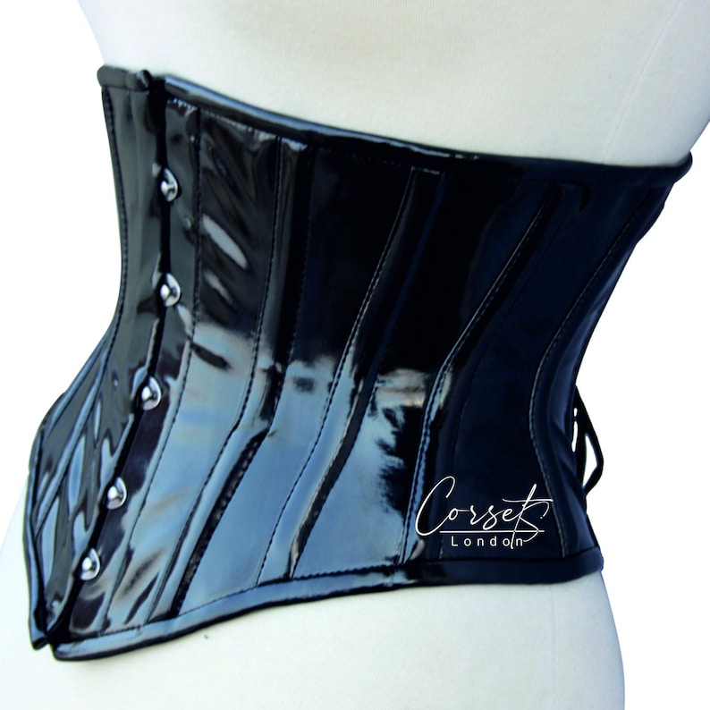 PVC onderborst korset tailletrainer – staal uitgebeend, glanzend of mat, busk of ritssluiting, meerdere kleuren Black shiny Busk
