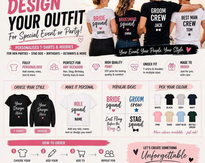 Custom Party T-Shirts & Hoodies | Personalised Hen or Stag Shirts | Design Your Own | Unisex Group Outfits | Funny Event Tops