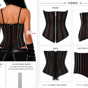 Pu&ograve; includere: Corsetto nero e rosso con cerniera frontale e allacciatura posteriore. Il corsetto presenta 10 stecche in acciaio a spirale e 4 stecche in acciaio piatte per il supporto. Il corsetto ha un design a rete.