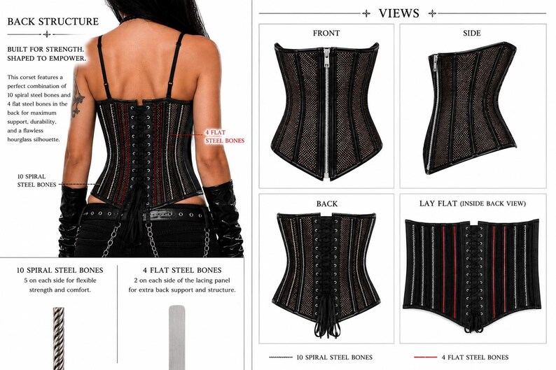 Pu&ograve; includere: Corsetto nero e rosso con cerniera frontale e allacciatura posteriore. Il corsetto presenta 10 stecche in acciaio a spirale e 4 stecche in acciaio piatte per il supporto. Il corsetto ha un design a rete.