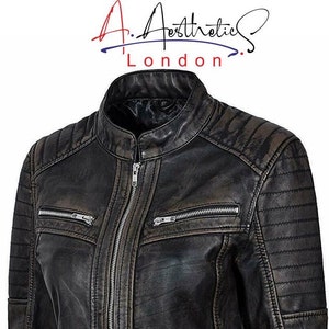 Blouson motard Cafe Racer en cuir de mouton souple noir effet vieilli femme