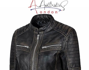 Women's Cafe Racer Moto Biker Distressed Black soft Sheep Leather Jacket