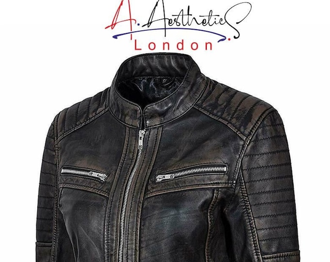 Featured listing image: Women's Cafe Racer Moto Biker Distressed Black soft Sheep Leather Jacket