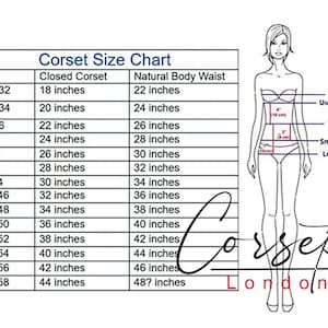 May include: Corset size chart with a line drawing of a woman's body showing measurements for bust, under bust, waist, small hip, and low hip. The chart shows corset sizes from 3XS to 8XL with corresponding closed corset and natural body waist measurements in inches.