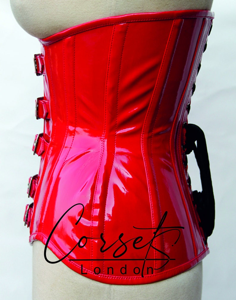 Red PVC Steampunk full Steel Boned Under bust Corset, 5 buckles and straps, waist Trainer, body shaper, available in a range of colours image 5