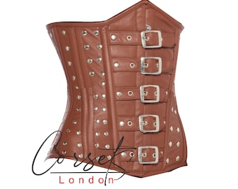 Brown Leather Corset With Buckles & Stud ,available in a range of colours