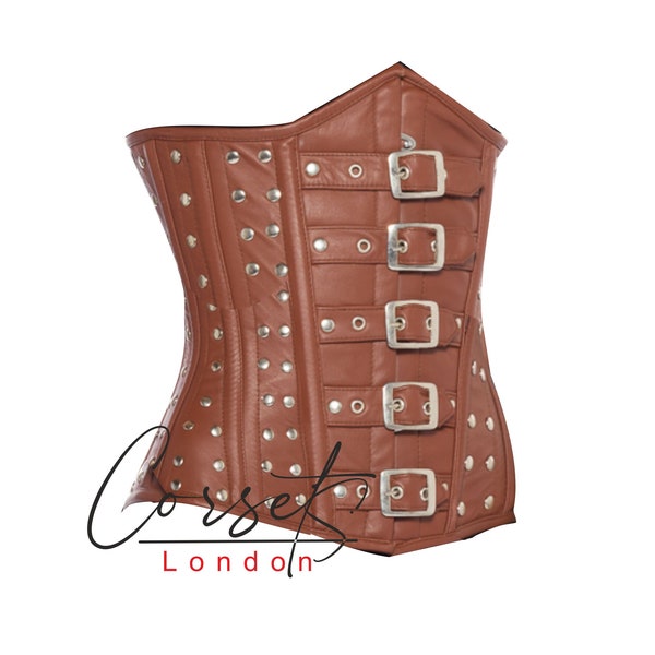 Corset en cuir marron avec boucles et clous, disponible dans une gamme de couleurs