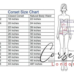 Op de afbeelding: Een zwart-witte maattabel voor korsetten met maten van 3XS/32 tot 8XL/58, met de afmetingen van het gesloten korset en de natuurlijke taille in inches, inclusief een lijntekening van een figuur die de verschillende lichaamsmeetpunten aangeeft.