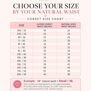 Op de afbeelding: Een Corsets London maattabel met een overzicht van maten van 3XS tot 8XL, met de tailleomvang van het gesloten korset in inches naast de natuurlijke tailleomvang. Bevat een rekenvoorbeeld en instructies voor het meten van de natuurlijke taille.