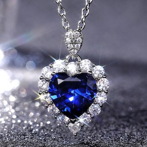 Classic Heart Blue Crystal Pendant Necklace Cubic Zircon Stone, Chain Choker Necklace
