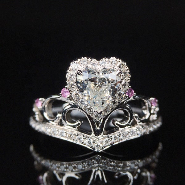 Crown Heart Shaped Cubic Zircon, Platinum Plated Ring. (Valentine’s Day Gift) Size 7 only