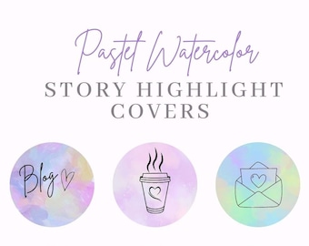 May include: Pastel watercolour Instagram story highlight covers with icons such as a coffee cup, a heart, a suitcase, a camera, a fork and knife, a dumbbell, and the text "Blog" and "About me".