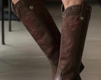 Western Tall Embroidered Heeled Boots - Dark Brown all sizes available