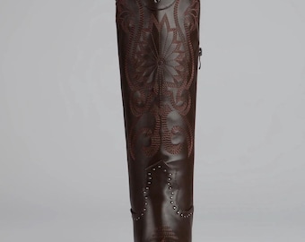 Western Tall Embroidered Heeled Boots - Dark Brown all sizes available