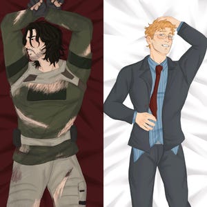 May include: Two body pillow covers. One depicts a person in a green military-style outfit with black gloves and a beard. The other shows a person in a suit, glasses, and a red tie. Both are illustrations.