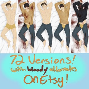 Puede incluir: Cinco diseños de almohadas corporales que muestran una figura masculina en diferentes atuendos y estados de desnudez, algunos con efectos de sangre. El texto "72 Versions! with bloody alternates ON Etsy!" se muestra debajo.