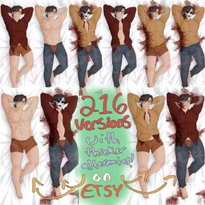 Puede incluir: Una colección de diseños de almohadas corporales con ilustraciones de una persona en varios atuendos y poses. Las almohadas muestran una variedad de estilos, incluyendo ropa casual y camisas abiertas. La imagen incluye el texto "216 Versions With thicker alternates! on Etsy."