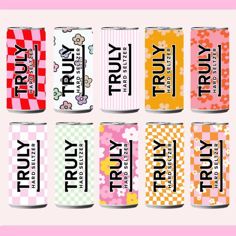 May include: A collection of ten Truly Hard Seltzer cans. Each can features a different design, including checkered patterns, floral prints, and stripes. The brand name "TRULY" is prominently displayed in bold, white letters on each can, with "HARD SELTZER" below.