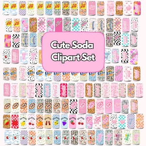 May include: A collection of colorful soda can clipart. The cans feature various designs, including floral patterns, animal prints, and text. The text "Cute Soda Clipart Set" is displayed on a pink background.