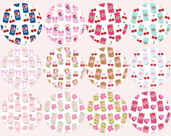 Cute Car Coaster PNG Bundle (12) – Pink Coquette Soda Can Designs, 300 DPI Round Car Cup Coasters, Cherry Leopard Floral Soda Can Png