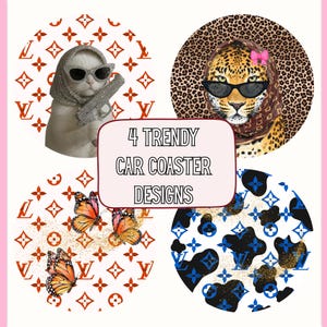 Boujee Car Coaster PNG Bundle, Glam Leopard & Fashionista Aesthetic, Luxury Inspired Animal Designs, Trendy Round Coaster and Keychain PNG