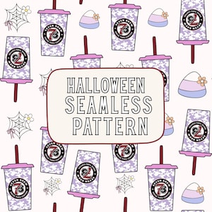 Könnte beinhalten: Ein nahtloses Muster mit wiederkehrenden Illustrationen von hellvioletten Kaffeebechern mit Geistermotiven, Seven Brew-Logos, Spinnennetzen mit kleinen Blumen und Zuckermais. Ein zentrales rechteckiges Etikett trägt die Aufschrift HALLOWEEN SEAMLESS PATTERN.