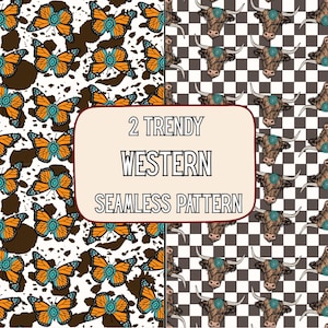 Könnte beinhalten: Zwei nahtlose Muster mit Western-Thema. Eines zeigt orange und blaue Schmetterlinge auf einem braunen und weißen Hintergrund. Das andere zeigt braune Longhorn-Rinderköpfe auf einem schwarz-weißen Schachbrettmuster. Der Text lautet "2 Trendy Western Seamless Pattern."