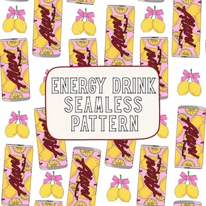 Könnte beinhalten: Ein nahtloses Muster mit wiederkehrenden Illustrationen von rosa Energy-Drink-Dosen mit gelben Zitronenscheiben und rosa Schleifen, überlagert von einem weißen Rechteck mit dem schwarzen Text ENERGY DRINK SEAMLESS PATTERN.