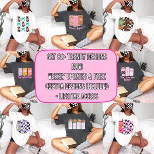 Puede incluir: Una colecci&oacute;n de camisetas gr&aacute;ficas en varios colores, cada una con dise&ntilde;os y texto &uacute;nicos. Los dise&ntilde;os incluyen lazos, el texto "Mom Juice", arreglos florales y el texto "Yes, I've ale Today". La imagen tambi&eacute;n incluye el texto "GET 80+ TRENDY DESIGNS NOW!"