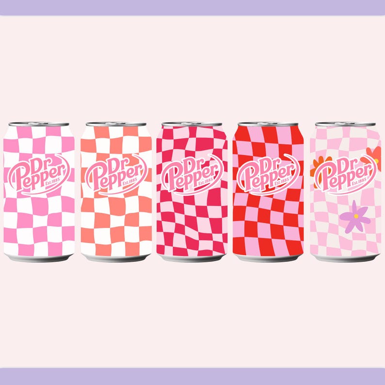 May include: Five Dr. Pepper soda cans with a checkered pattern in shades of pink, red, and orange. Each can features the Dr. Pepper logo. One can has a flower graphic.