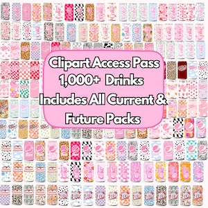May include: A collection of various soda cans with different patterns and designs, including floral, checkered, and animal prints. The image features text that reads "Clipart Access Pass 1,000+ Drinks Includes All Current & Future Packs."